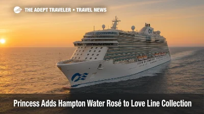 Discovery Princess underway at sea in warm light, illustrating Princess Cruises adding Hampton Water Rosé to its Love Line beverage collection