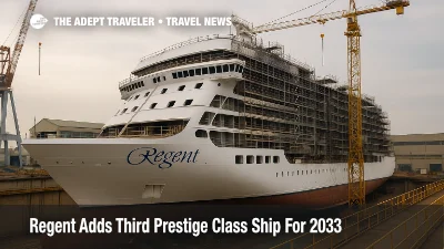 Regent Seven Seas Prestige Class hull taking shape at Fincantieri Marghera, cranes and scaffolding framing the yard during bright overcast