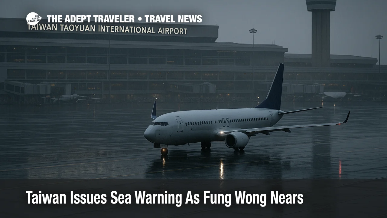 Rain darkened taxiway at Taiwan Taoyuan International Airport with a narrow body jet taxiing, terminal and tower in view during Taiwan typhoon sea warning