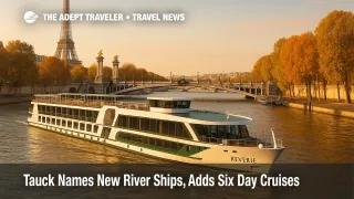 Tauck river ship on the Seine near the Eiffel Tower in autumn light, illustrating new six day Seine itineraries and added capacity