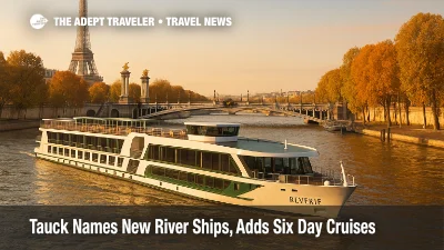 Tauck river ship on the Seine near the Eiffel Tower in autumn light, illustrating new six day Seine itineraries and added capacity
