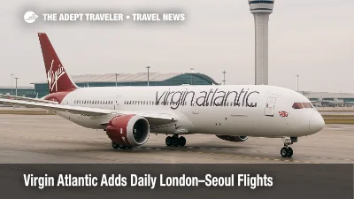 Virgin Atlantic Boeing 787-9 taxiing at Incheon International Airport with terminal and tower visible, illustrating new London to Seoul daily flights