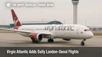 Virgin Atlantic Boeing 787-9 taxiing at Incheon International Airport with terminal and tower visible, illustrating new London to Seoul daily flights