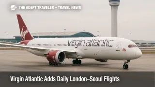 Virgin Atlantic Boeing 787-9 taxiing at Incheon International Airport with terminal and tower visible, illustrating new London to Seoul daily flights
