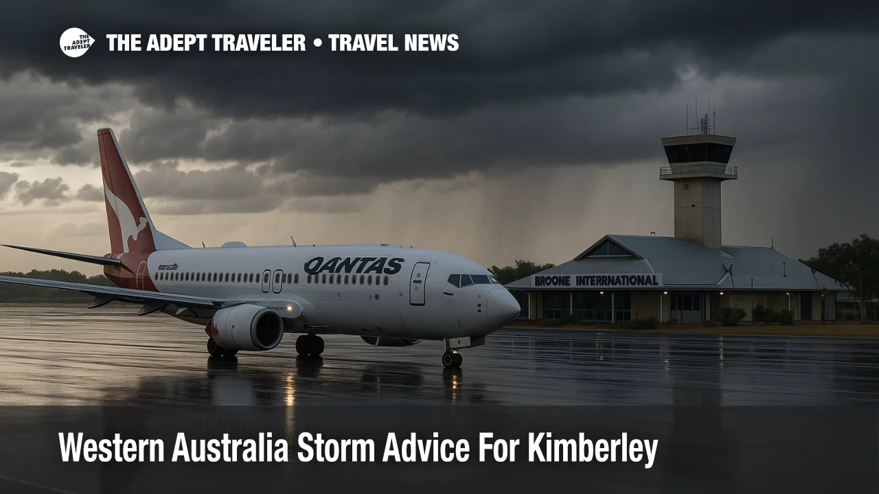 Aircraft taxiing at Broome International Airport with storm clouds and wet tarmac, illustrating Kimberley storm advice and transfer delays