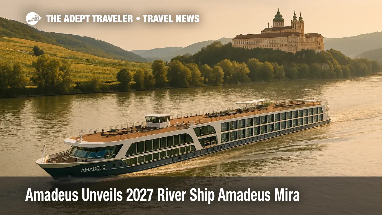 Amadeus Mira sister class river ship concept on the Danube near Melk, Austria, warm late day light, gentle wake, Wachau hills in soft focus