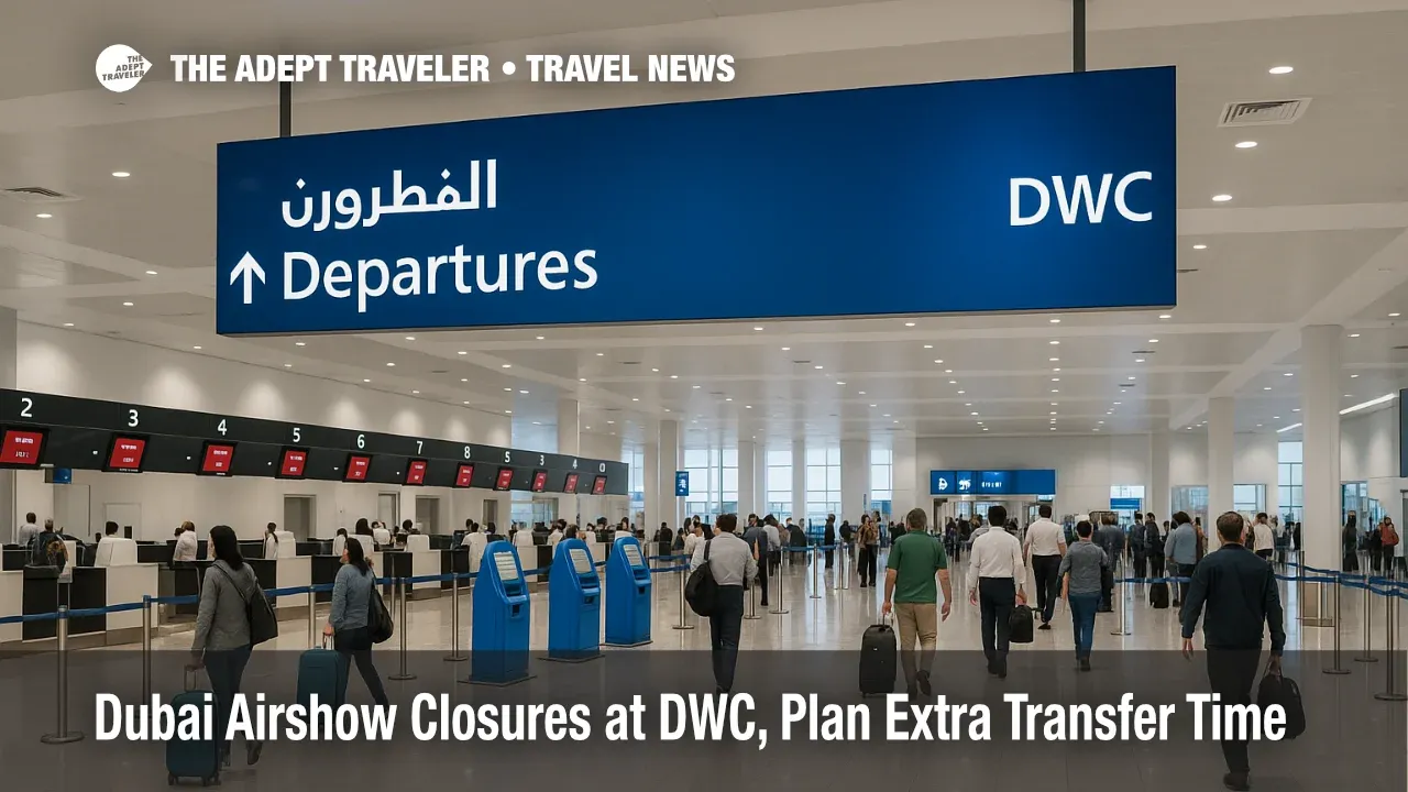 Departures hall at Al Maktoum International, DWC, showing real wayfinding and kiosks during Dubai Airshow runway closure windows