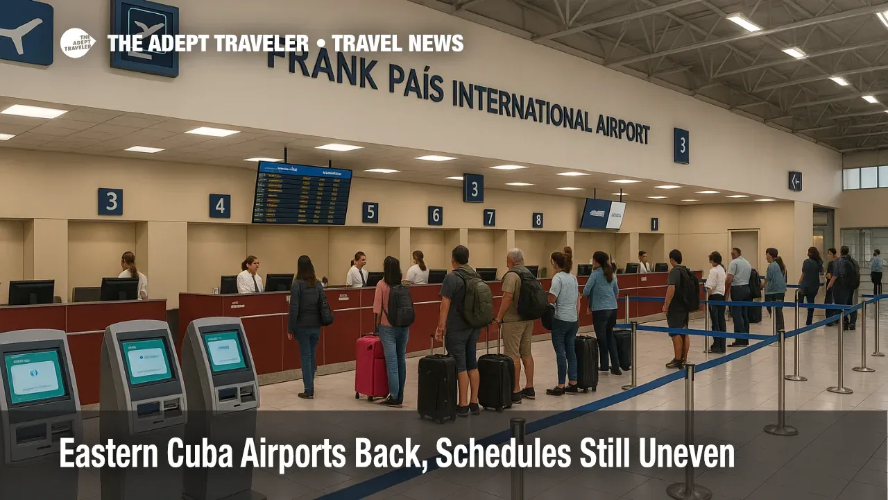 Travelers queue at Holguín's Frank País International check-in hall as flights resume, showing live boards and staffed counters after Melissa recovery