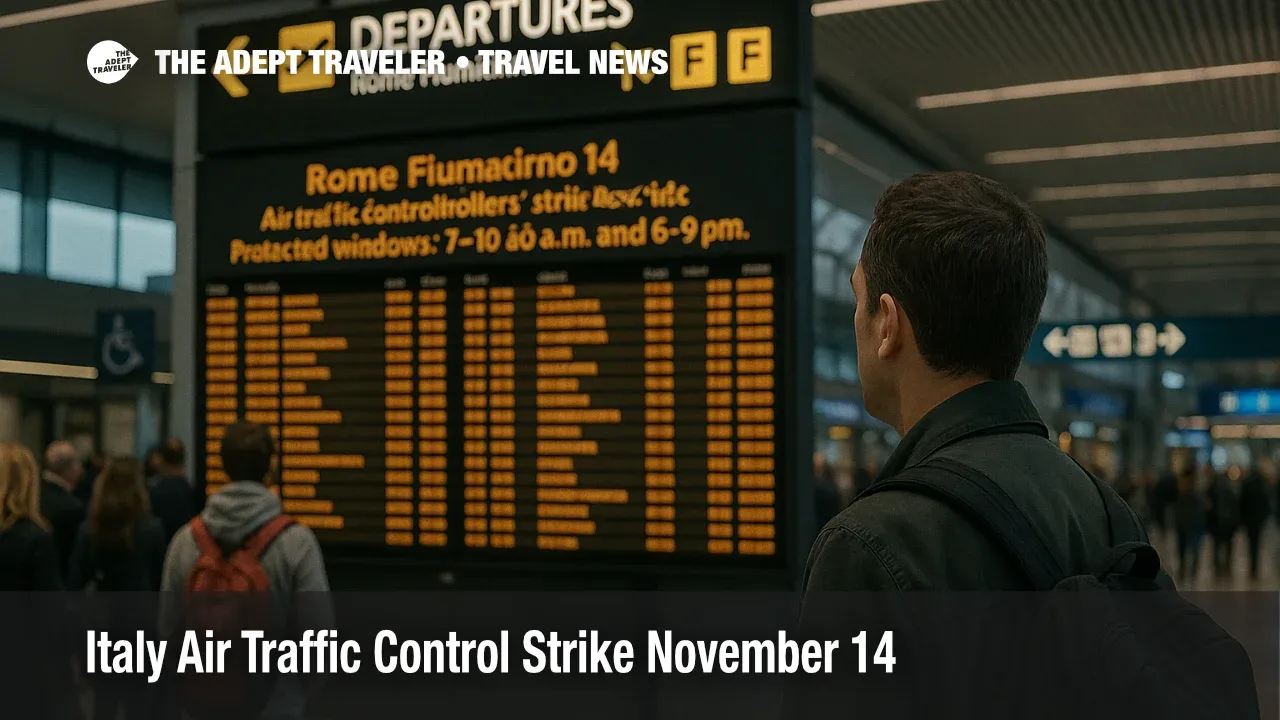 Traveler checks the departures board inside Rome Fiumicino during Italy's November 14 ATC strike, protected windows 7-10 a.m. and 6-9 p.m. in effect