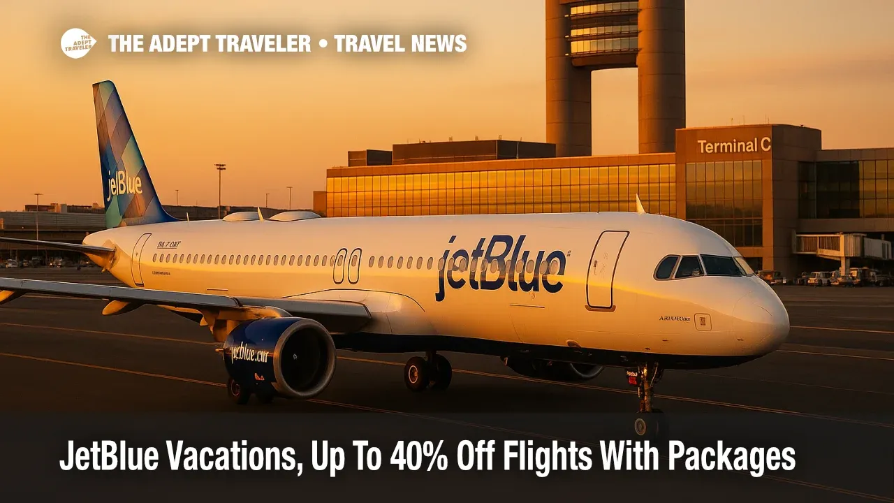 JetBlue A321neo taxiing at Boston Logan with Terminal C and tower visible, illustrating JetBlue Vacations flight discounts on warm-weather packages