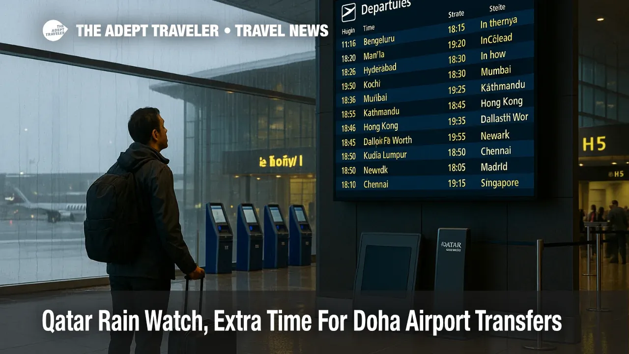 Traveler checks the departures board at Hamad International during a Doha rain shower, with wet reflections near the entry and light queues at check-in