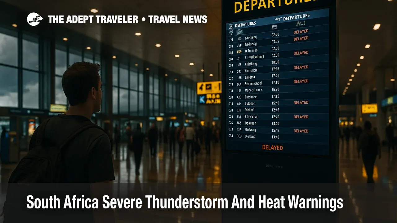  Traveler checks departures board at O. R. Tambo during storm delays, concourse reflections and dark clouds hint at Gauteng thunderstorm warnings
