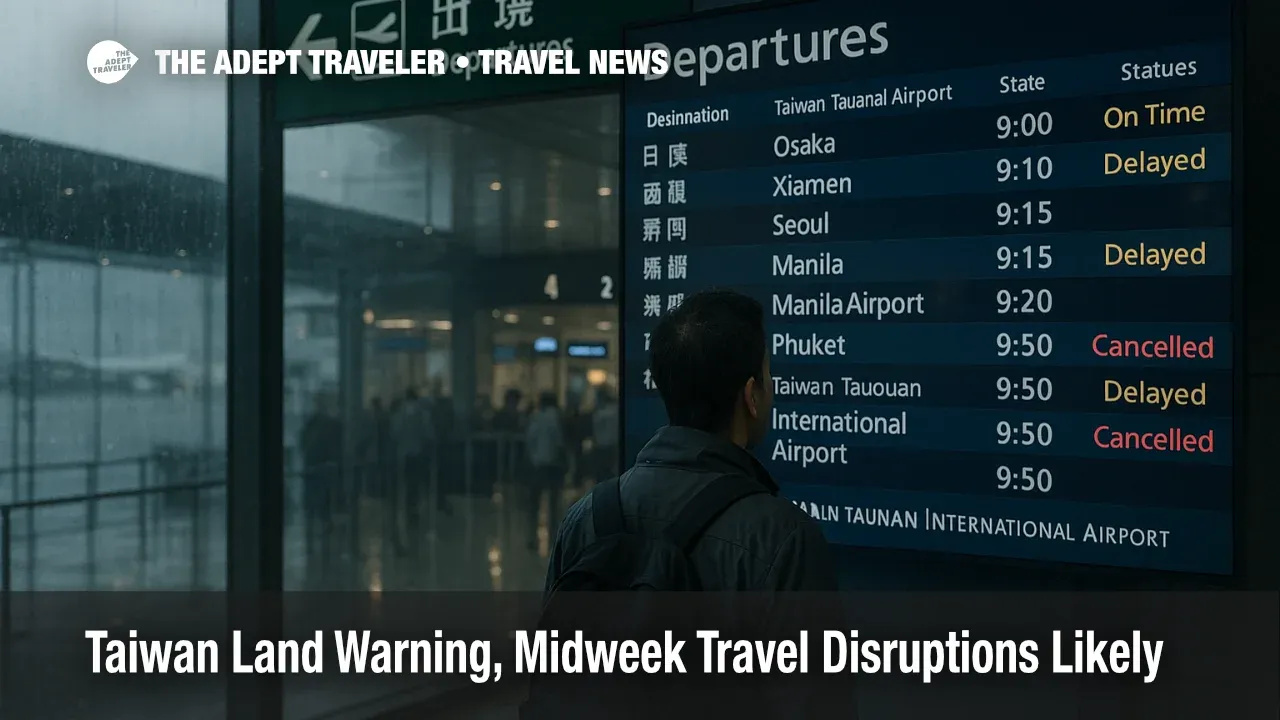 Traveler checks departures board at Taiwan Taoyuan International Airport during Fung Wong land warning, with rain and delays likely through Wednesday