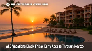 Travelers at Cancun International Airport check-in kiosks during ALG Vacations Black Friday Early Access, warm concourse light, real wayfinding and counters