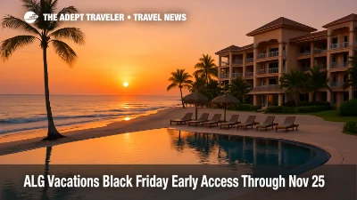 Travelers at Cancun International Airport check-in kiosks during ALG Vacations Black Friday Early Access, warm concourse light, real wayfinding and counters