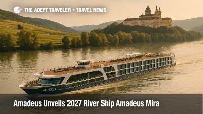 Amadeus Mira sister class river ship concept on the Danube near Melk, Austria, warm late day light, gentle wake, Wachau hills in soft focus