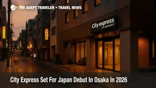 Street level scene near Namba in Osaka with a modern midscale hotel entrance, illustrating City Express by Marriott's Japan debut in 2026