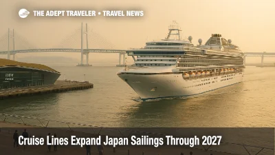 Modern cruise ship departs Yokohama's Osanbashi Pier with terminal and Bay Bridge visible, signaling expanded Japan cruise options through 2027