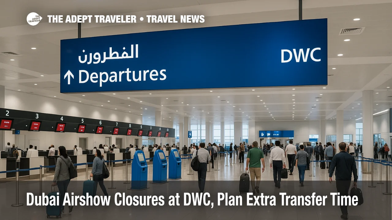 Departures hall at Al Maktoum International, DWC, showing real wayfinding and kiosks during Dubai Airshow runway closure windows