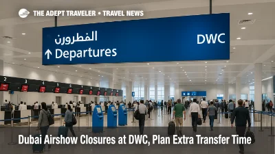Departures hall at Al Maktoum International, DWC, showing real wayfinding and kiosks during Dubai Airshow runway closure windows