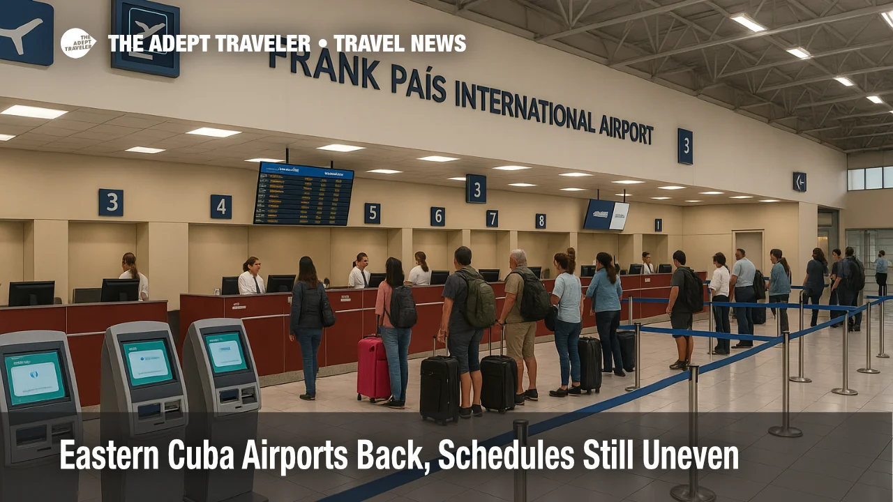 Travelers queue at Holguín's Frank País International check-in hall as flights resume, showing live boards and staffed counters after Melissa recovery
