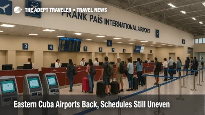 Travelers queue at Holguín's Frank País International check-in hall as flights resume, showing live boards and staffed counters after Melissa recovery