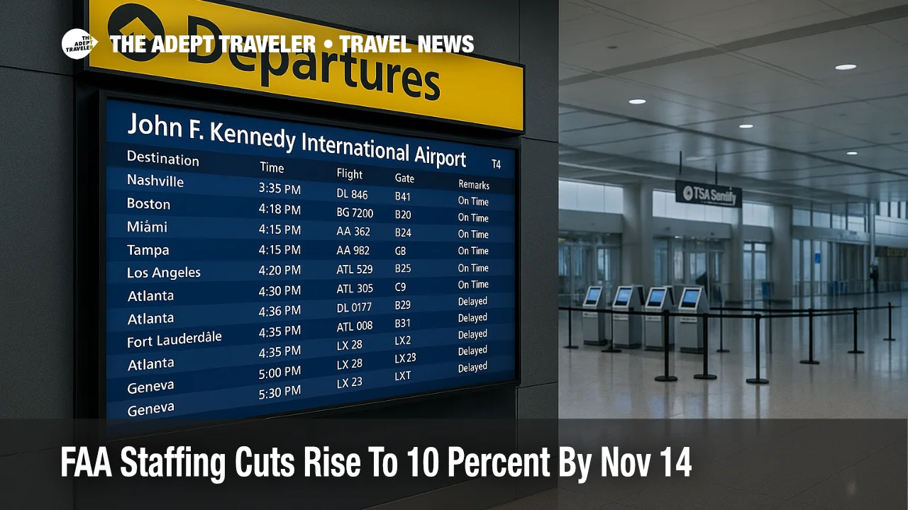 Traveler checks JFK departures board as FAA staffing cuts expand, operations metered under the emergency order, expect longer holds and trims