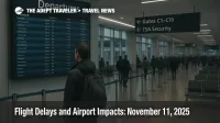 Traveler checks LaGuardia departures board during FAA capacity cuts, with concourse queues and authentic wayfinding visible, signaling flight delays