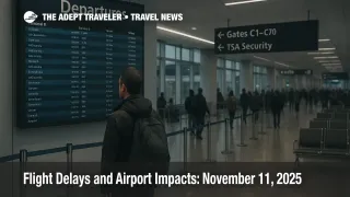 Traveler checks LaGuardia departures board during FAA capacity cuts, with concourse queues and authentic wayfinding visible, signaling flight delays