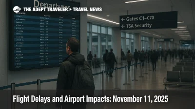 Traveler checks LaGuardia departures board during FAA capacity cuts, with concourse queues and authentic wayfinding visible, signaling flight delays