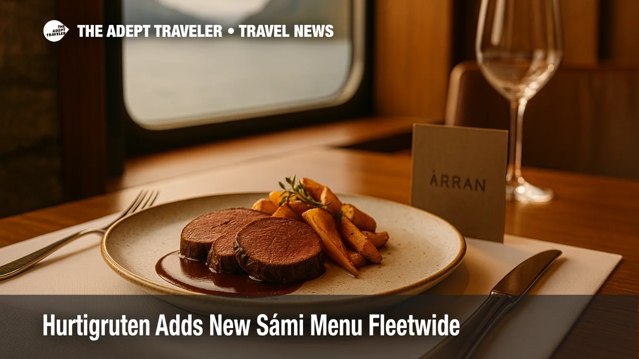 Plated reindeer and salmon with ember bread at Árran on MS Trollfjord, showcasing Hurtigruten's new Sámi menu and Norway's Coastal Kitchen ethos