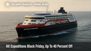 MS Roald Amundsen at sea under soft afternoon light, HX Expeditions ship cruising with visible wake during Black Friday sale coverage