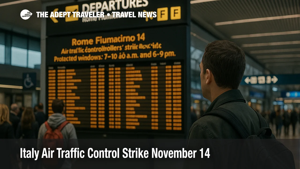 Traveler checks the departures board inside Rome Fiumicino during Italy's November 14 ATC strike, protected windows 7-10 a.m. and 6-9 p.m. in effect