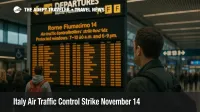 Traveler checks the departures board inside Rome Fiumicino during Italy's November 14 ATC strike, protected windows 7-10 a.m. and 6-9 p.m. in effect