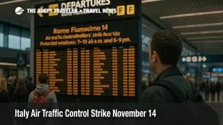 Traveler checks the departures board inside Rome Fiumicino during Italy's November 14 ATC strike, protected windows 7-10 a.m. and 6-9 p.m. in effect