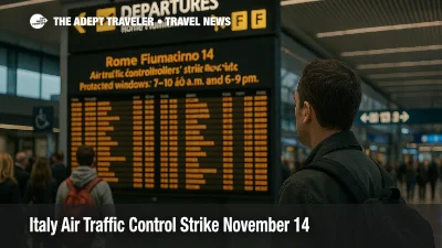 Traveler checks the departures board inside Rome Fiumicino during Italy's November 14 ATC strike, protected windows 7-10 a.m. and 6-9 p.m. in effect