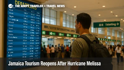 Traveler checks the departures board at Montego Bay's airport as Jamaica tourism reopens after Hurricane Melissa, with check-in counters active