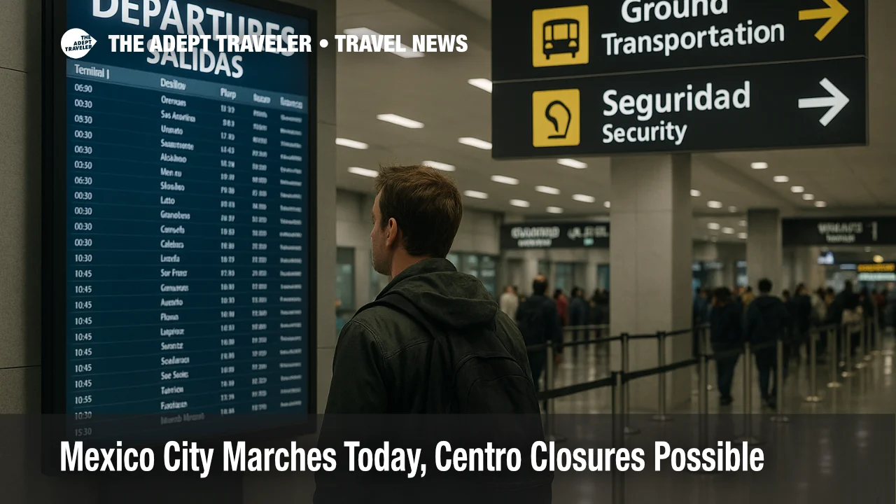 Traveler checks the departures board at Mexico City International Airport, with ground transport signs visible, during protest related slowdowns near Centro Histórico