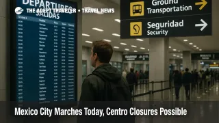Traveler checks the departures board at Mexico City International Airport, with ground transport signs visible, during protest related slowdowns near Centro Histórico