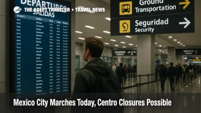 Traveler checks the departures board at Mexico City International Airport, with ground transport signs visible, during protest related slowdowns near Centro Histórico