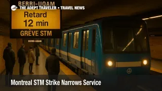 Commuters wait at Berri-UQAM as an STM metro train arrives, strike schedules displayed on real boards, longer headways visible during the Montreal STM strike