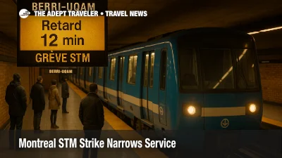 Commuters wait at Berri-UQAM as an STM metro train arrives, strike schedules displayed on real boards, longer headways visible during the Montreal STM strike