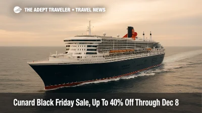 Queen Mary 2 at sea in late-day light during Cunard's Black Friday sale, three-quarter view with long wake and low horizon emphasizing a transatlantic voyage