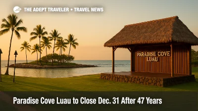 Paradise Cove Luau shoreline lawn and stage at Ko Olina at golden hour, palms and calm water framing the scene, Paradise Cove Luau closing 2025