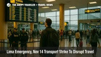 Traveler checks the departures board at Jorge Chávez amid a Lima state of emergency, with police presence and light queues visible near security