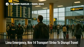 Traveler checks the departures board at Jorge Chávez amid a Lima state of emergency, with police presence and light queues visible near security