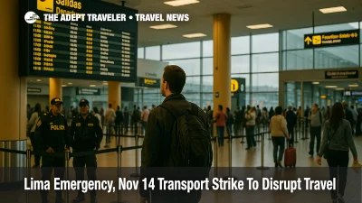 Traveler checks the departures board at Jorge Chávez amid a Lima state of emergency, with police presence and light queues visible near security