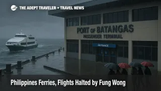 Rain lashes Port of Batangas as Fung Wong suspends ferries, wet quay and choppy water outside the passenger terminal in Batangas City