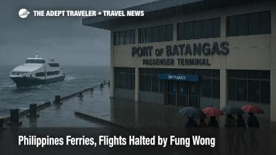 Rain lashes Port of Batangas as Fung Wong suspends ferries, wet quay and choppy water outside the passenger terminal in Batangas City