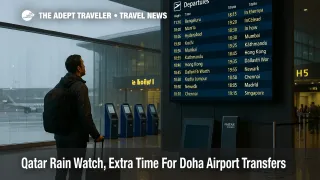 Traveler checks the departures board at Hamad International during a Doha rain shower, with wet reflections near the entry and light queues at check-in
